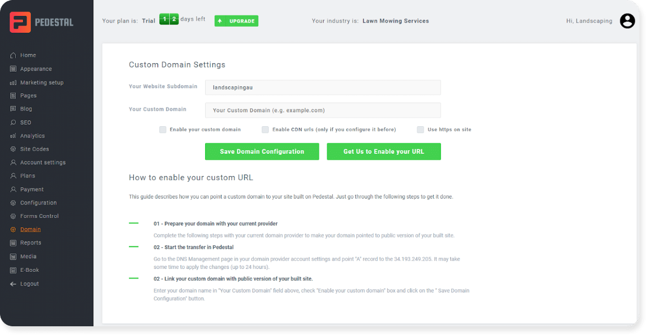 custom domain settings pedestal