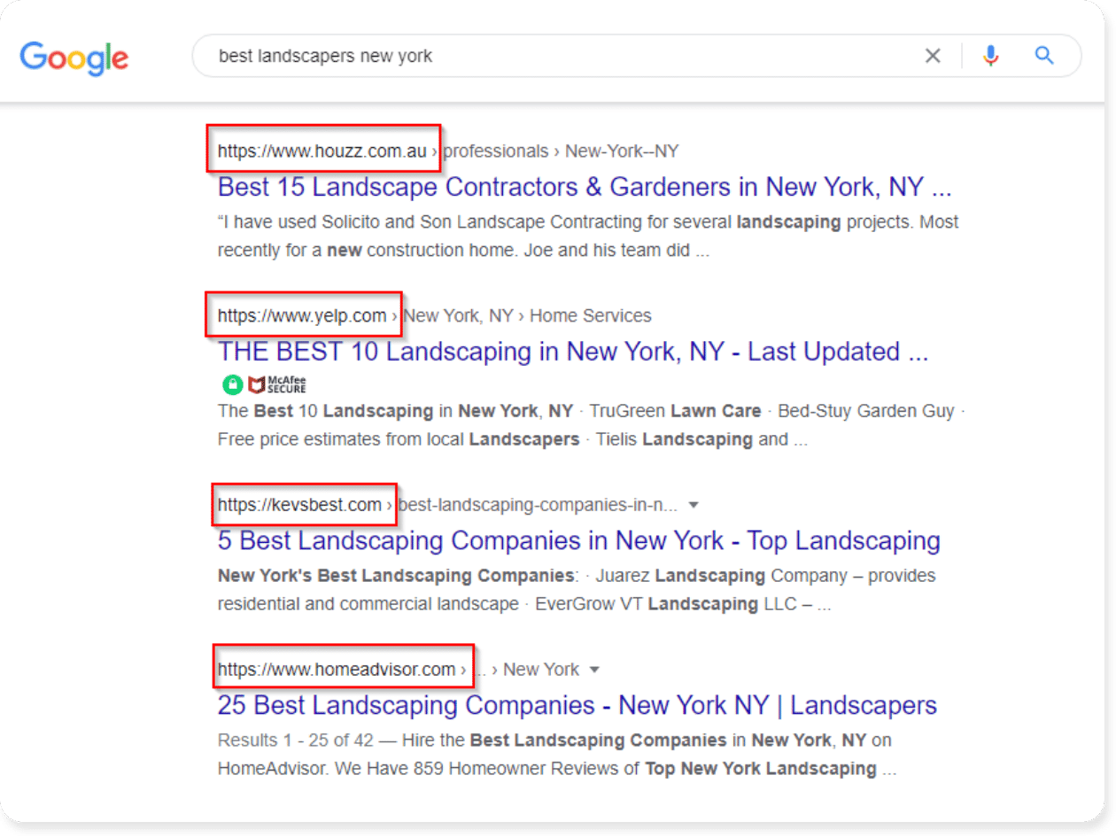 google search example for landscaping searches