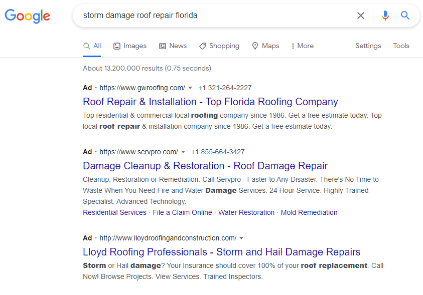 roofing google ads example